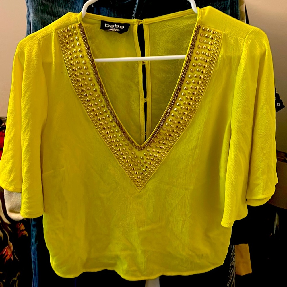 BEBE Yellow Crop Jeweled Crop top- -Sz XS